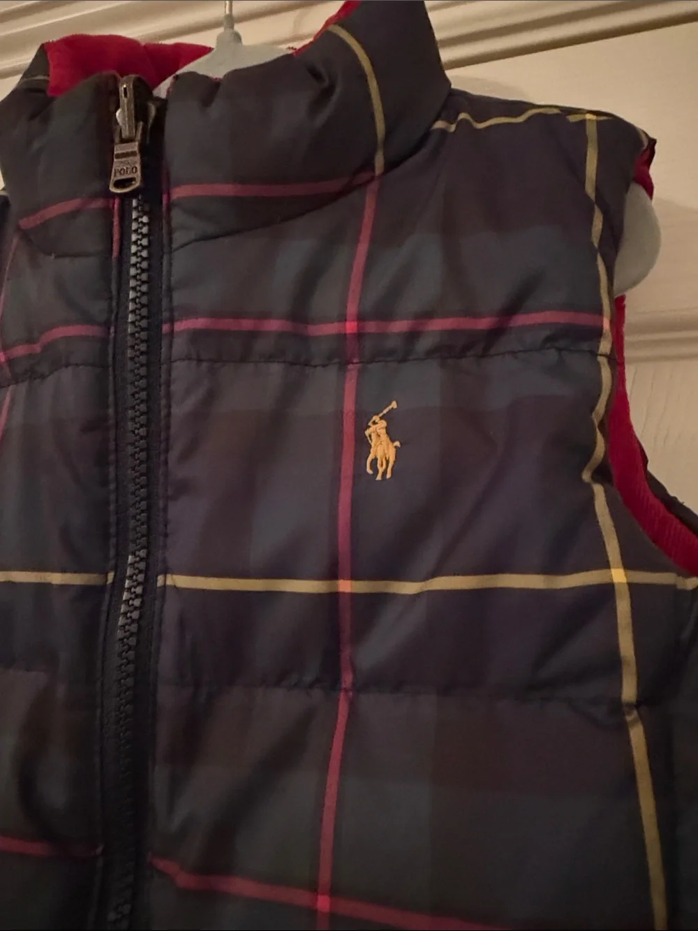 Ralph Lauren Navy Plaid Quilted Puffer Vest with Red Lining